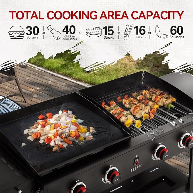 Royal Gourmet GD405A 4 Burner Propane Gas Grill and Griddle Combo with Grilling Gear Set, Griddle Grill Combo with Foldable Side Tables for Outdoor Cooking While Camping or Tailgating, Black