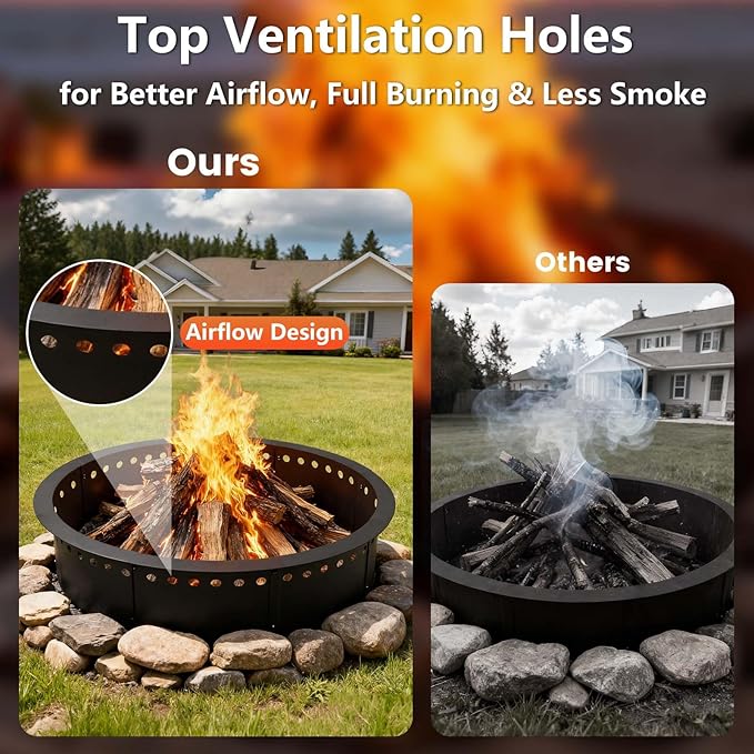 36 Inch Smokeless Fire Pit Ring Insert Outdoor, Heavy Duty Solid Metal Steel Round Firepit Rim Liner for Outside, 40 Inch Outer Diameter DIY Campfire Ring, Above or In-Ground, for Camping Garden Patio