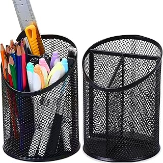 MINDEPOT 2 Pack Mesh Pencil Holder Pen Cup for Desk Round Black Pen Holder Desktop Pen Organizer 3 Compartments Pencil Organizer Desk Organizer for Office Home School