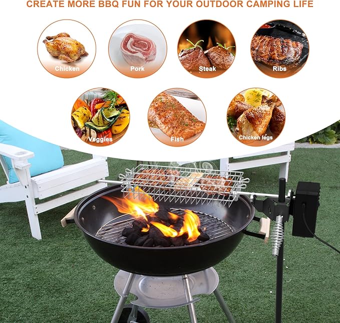 only fire Outdoor Open Flame Camping Grill, Campfire Cooking Accessories, Cooking over Any Grill or Fire - Include Motor, Power Adapter, Car Charging Cable and Bag