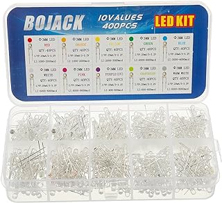 BOJACK 10 Colors 400 pcs 3mm LED Diode Lights Assored Kit Pack (Red/Ora/YEL/Gre/Blu Transparent DC 2V - 3.2V 20mA) Bright Lighting Bulb Lamps Electronics Components 3 mm Light Emitting Diodes Parts