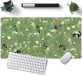 Green Desk Mat XL Cat Cute Plant Cool Desk Pad Keyboard Mat Kawaii Black Cat Flower Mouse Pad Green Desk Mat Desk Decor with Stitched Edges Non-Slip Large Computer Mat 31.5x15.7in