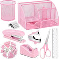 auroray Pink Desk Organizers and Accessories, Pink Office Supplies Include Mesh Desk Organizer, Tape Dispenser, Stapler, 1000 Staples, Staple Remover, Pen Holder, Clips Set, Ruler, Scissors