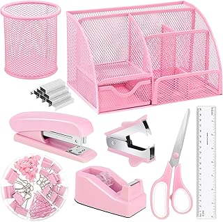 auroray Pink Desk Organizers and Accessories, Pink Office Supplies Include Mesh Desk Organizer, Tape Dispenser, Stapler, 1000 Staples, Staple Remover, Pen Holder, Clips Set, Ruler, Scissors