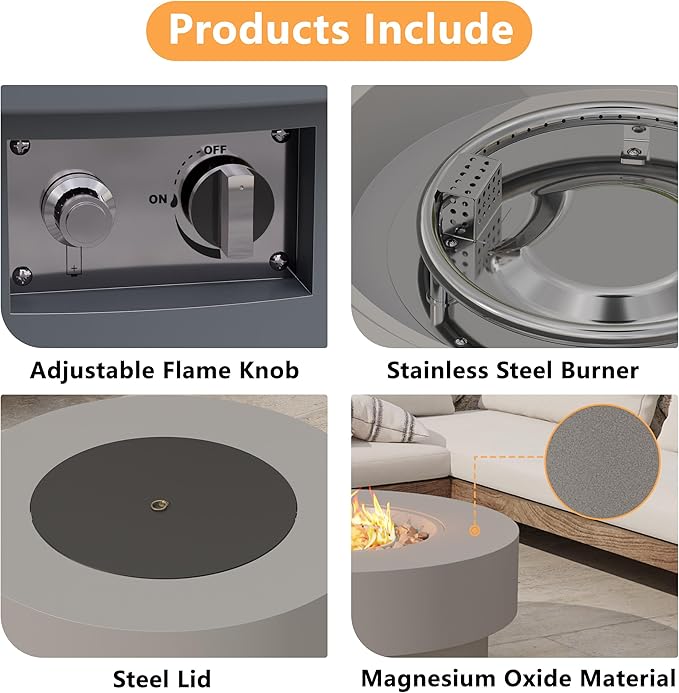 32.5 inch Outdoor Propane Fire Pit Table, 50000 BTU Round Patio Fire Pit Table with Lid, Waterproof Cover, 10ft Gas Hose & Gas Tank Base, Lava Rocks, CSA Certified, Grey