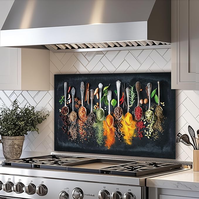 LMSDYSHU Spice，Tempered Glass Backsplash for Kitchen，Frameless, Stove Backsplash Protector for Wall,Easy to Clean, Home Decor (30"x30")