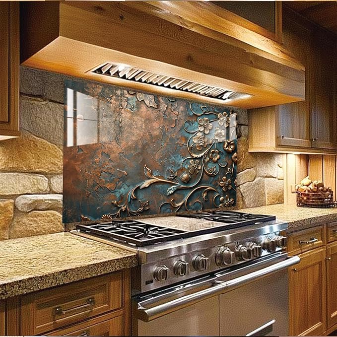 LMSDYSHU Tempered Glass Backsplash for Kitchen, Retro Plum Blossom, Frameless, Stove Backsplash Protector for Wall,Easy to Clean, Home Decor (30"x16")