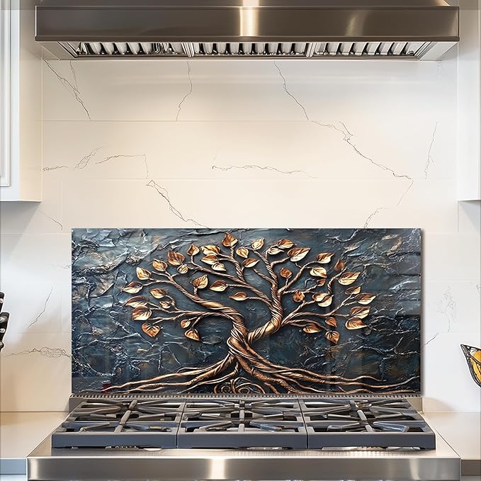 fzxwyishu Tree of Life,Tempered Glass Backsplash For Kitchen Behind Stove,Easy to Clean Kitchen Sink Cover Splash Guard, Home Kitchen Décor (grey, 30"x14"(76.2x35.56cm))