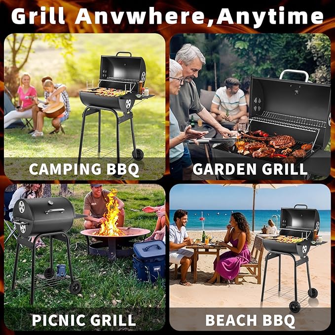 Kendane Barrel Charcoal Grill, Large Charcoal Grills with Side Shelf, Outdoor BBQ Grill,Perfect for Backyard Camping, Patio Parties, and Picnics