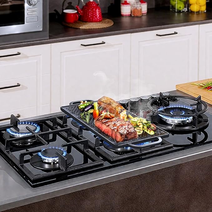 GasSaf 20x9 Heavy Cast Iron Griddle for Gas Grills, Griddle Pan for Stove Top, Reversible Double-Sided 2-in-1 Cast Iron Pan Plate for 2 Burners Stovetop, BBQ Grills & Outdoor Camping
