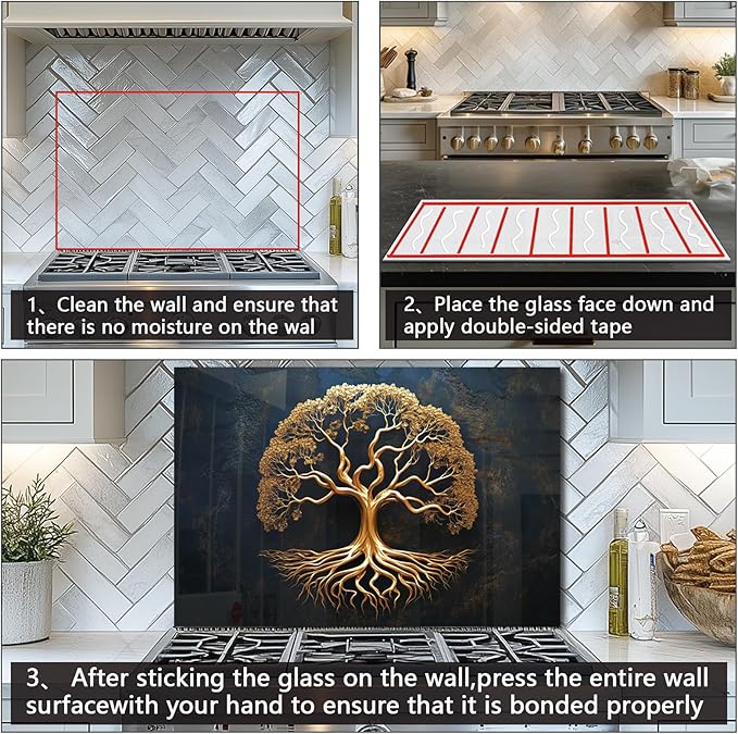 DAIFURONGE Tempered Glass Backsplash for Kitchen, Tree of Life Art Stove Backsplash Protector - Easy to Clean Wall Decor (Art Deco 1, 35.43"x27.56"(90x70cm))