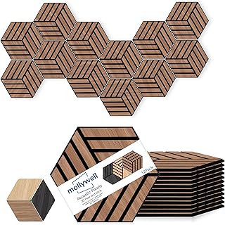 Mollywell Acoustic Panels, PVC Wood-Grain, 14x12 Inch Hexagon Carved Sound Proof Wall Tiles, Self-Adhesive High Density Felt for Home Theater/Studio/Office Echo Reduction, 12 Pack Walnut, TH4