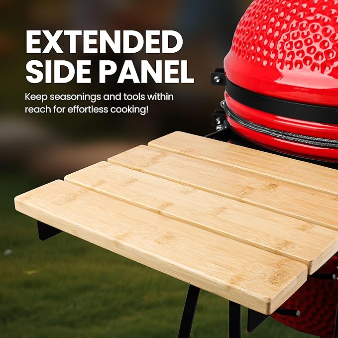 London Sunshine 15-inch Ceramic Kamado Charcoal BBQ Grill & Smoker with Locking Casters, Foldable Side Shelves, Stainless Steel Grates, and Tall Stand (Red)