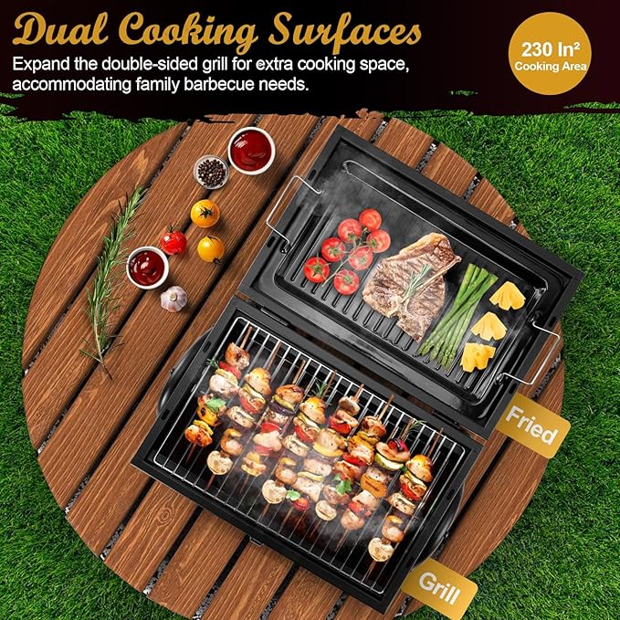 Joyfair Portable Charcoal Grill (2 IN 1 Double-Sided), Small Tabletop Barbecue Grill with Food Tray & Rack for Outdoor Camping Home Patio BBQ Grilling, Heavy Duty & Multi-use, Easy Assembly (230Sq.in)