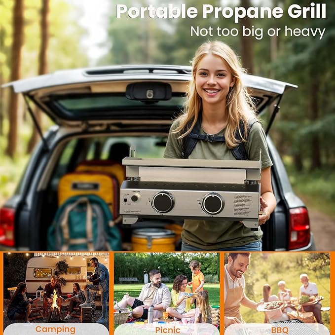 COWSAR 2-Burner Portable Tabletop Grill, 16000 BTU Stainless Steel Non-Stick Outdoor Portable Propane Griddle for Camping RV Backyard BBQ
