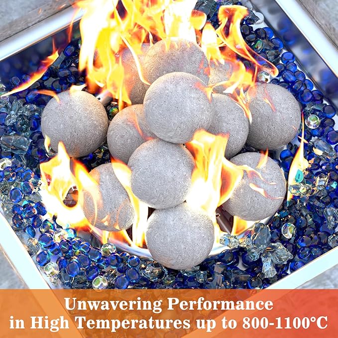 GRISUN 4-Inch Grey Round Ceramic Fire Balls – Tempered Firepit Spheres for Natural & Propane Fireplaces, Safe for Indoor & Outdoor Use, Reusable Set of 12 Decorative Fire Pit Accessories