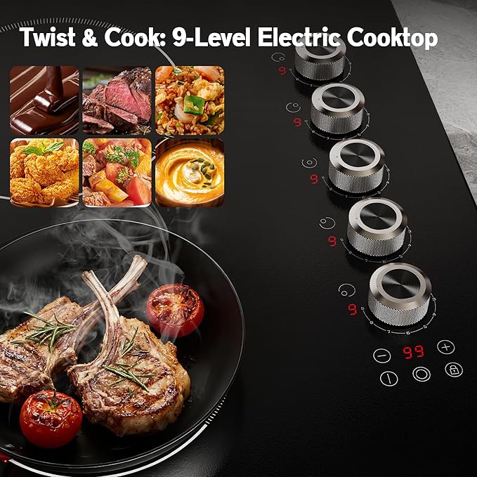 36 Inch Electric Cooktop 5 burner Karienvir, 8900W Built-in Electric Stove Top, Cooktop 36" with Double-ring Burner, Knob & Touch Control, 9 Power Levels, Timer, Safety Lock, 220V-240V Hard Wire