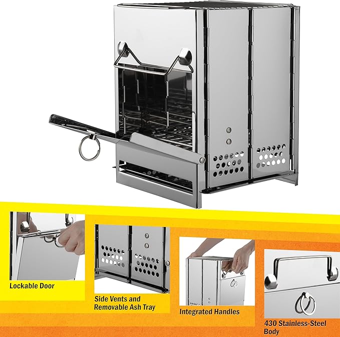 Camping Stove - Stainless-Steel Wood Burning Rocket Stove - Portable Grill for Beach, Picnic, Camp or Backpacking - Bushcraft Gear by Wakeman Outdoors