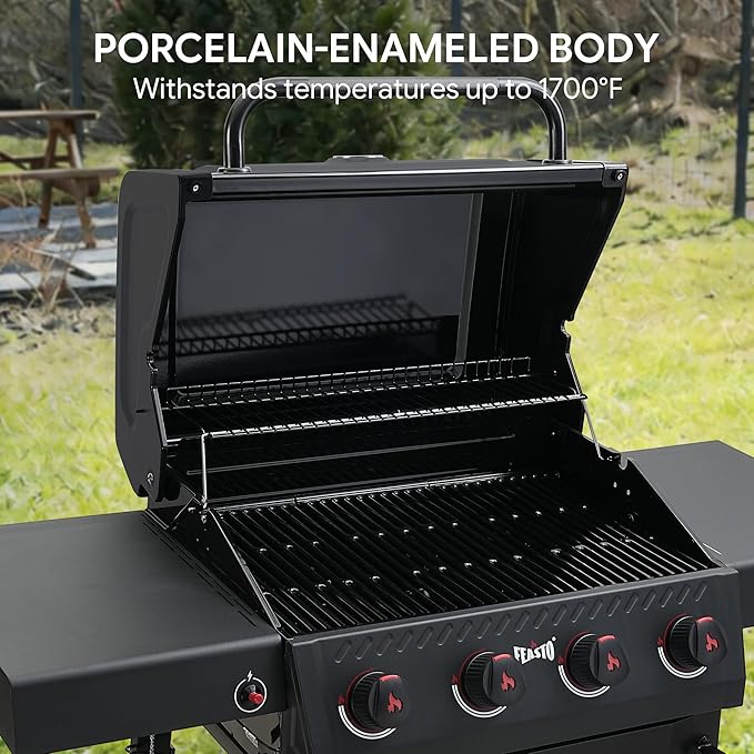 Feasto 4-Burner Propane Gas Grill, 36,000 BTU Outdoor Patio BBQ with Dual Side Tables, Porcelain-Enameled Cookbox & Porcelain-Enameled Cast-Iron Grates for Deck Parties & Patio BBQ, 559 Sq. In., Black