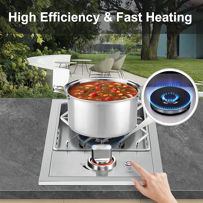 Single Grilling Side Burners for Outdoor Grill, 15,000BTU Natural Gas Side Burner, Sturdy 304 Stainless Steel, with Liquid Propane Kit, Drop-in Side Burner for Outdoor Kitchen BBQ Island