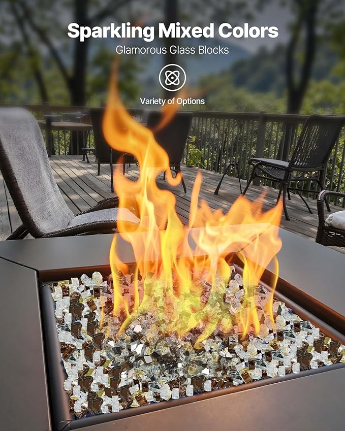 VEVOR Fire Glass, 10 lbs, Copper + Clear + Gold, 1/2 Inch High-Temperature Resistant Reflective Glass Rocks, Smokeless Fire Pit Stones for Outdoor Table & Landscaping