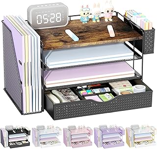 gianotter Wood Desk Organizers and Accessories with File Holder, 4-Tier Desk Accessories & Workspace Organizers with Drawer and Pen Holder, Desk Reference Organizer (Wood, 4T with Drawer)