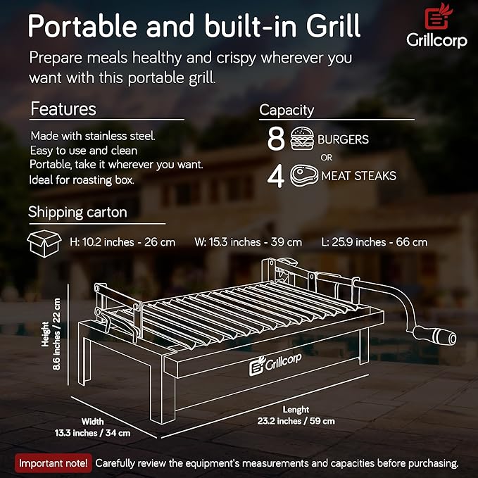 Medium Argentine Grill – Portable & Built-in 100% Stainless Steel BBQ with Lifting System & Drip Pan – Fits Medium Grillcorp Roasting Box – Outdoor Cooking & Camping Accessory