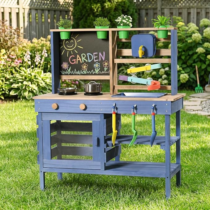 Wooden Outdoor Mud Kitchen for Kids, Pretend Play Kitchen Playset with Removable Sink, Faucet, Stove Top, Planting Area & Cooking Accessories, Toddler Gift for Boys Girls Ages 3+ (Blue)