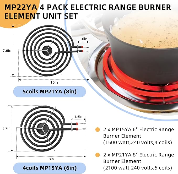 Upgraded MP22YA Electric Stove/Range Burner Element Unit Set 2 pcs MP15YA 6" and 2 pcs MP21YA 8" Stove Burners Replacement Fit for Whirl-pool,Ken-more,May-tag,Hard-wick Range/Stoves by AMI PARTS