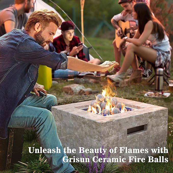 GRISUN 4-Inch Grey Round Ceramic Fire Balls – Tempered Firepit Spheres for Natural & Propane Fireplaces, Safe for Indoor & Outdoor Use, Reusable Set of 12 Decorative Fire Pit Accessories
