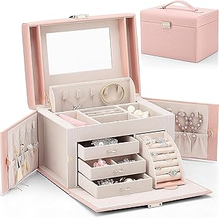 VLANDO Jewelry Box Organizer for Girls Women, Large Baroque Jewelry Holder Organizer with Mirror, 3 Drawers for Bracelets, Earrings, Rings, Necklaces, Mothers Day for Loved One, Pink