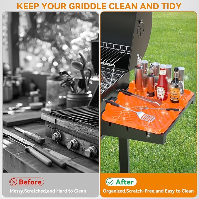 Silicone Griddle Tool Mat for Blackstone Side Shelf with 5 Removable Silicone Grill Tools Holders–Spatula Holders & Utensil Rests with Thermometer Slots, Drain Mat for BBQ Accessories Orange 12x16Inch
