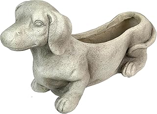 Zeckos Charming Rustic Distressed Grey Stone Finish Dachshund Dog Indoor or Outdoor Decor Planter Doxie Plant Pot - Whimsical Garden Accent for Dog Lovers - 20 Inches Long