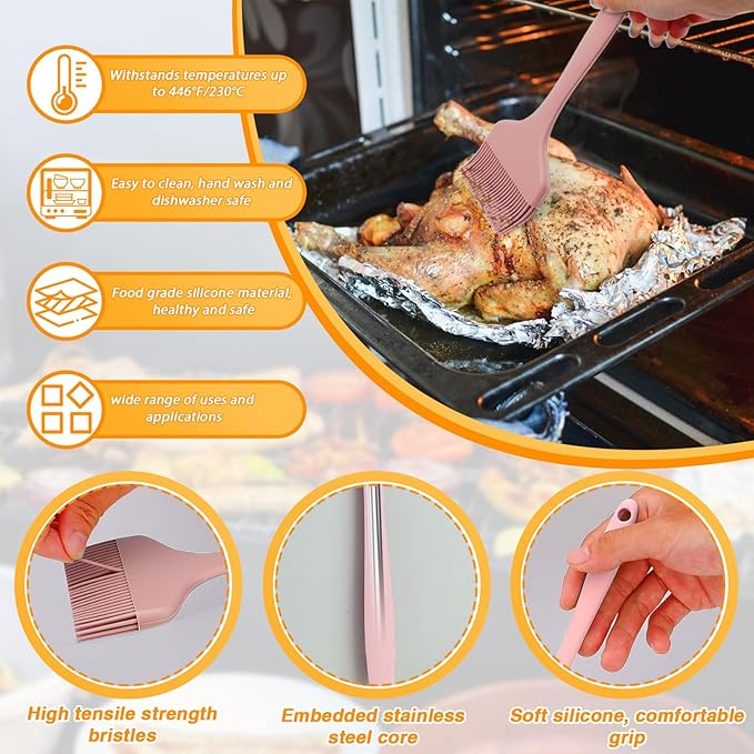 LELE LIFE 3 Sizes Silicone Basting Brush, Extra Large Heat Resistant Pastry Brush Spread Oil Butter Sauce Marinade for BBQ Grilling Baking Kitchen Food Cooking (Pink)