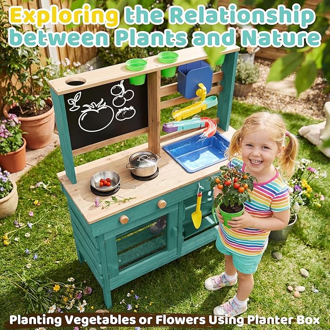 Wooden Outdoor Mud Kitchen for Kids, Pretend Play Kitchen Playset with Removable Sink, Faucet, Stove Top, Planting Area & Cooking Accessories, Toddler Gift for Boys Girls Ages 3+ (Green)