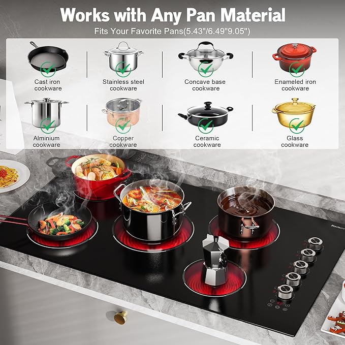 36 Inch Electric Cooktop 5 burner Karienvir, 8900W Built-in Electric Stove Top, Cooktop 36" with Double-ring Burner, Knob & Touch Control, 9 Power Levels, Timer, Safety Lock, 220V-240V Hard Wire