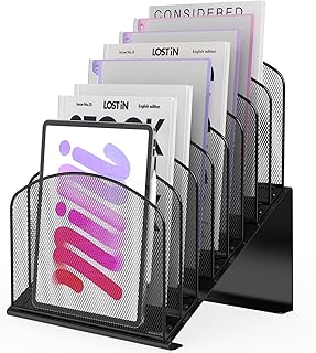 Inclined Desk File Organizer Metal Desk Magazine Folder Holder with 8-Section Vertical Compartments Rack File Organizer for Office, Home, School, Black
