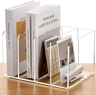 SANRUI Acrylic Magazine Holder Desk Organizer Workspace Sorters，Clear Bookend File Sorter Holder,Folder Rack, Office Accessories Organization Storage with 4 Vertical Compartments