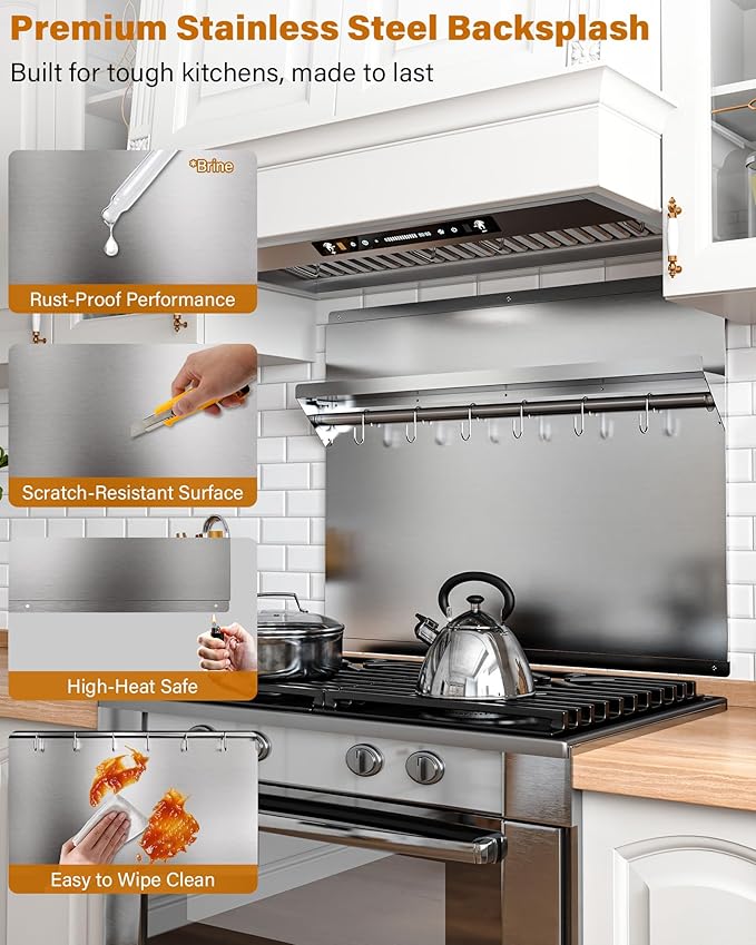 24 x 30 In Stainless Steel Backsplash - Kitchen Wall Splash Guard Behind Stove with Storage Shelf and Hanging Rack, Easy Clean and Installation