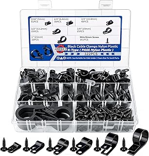 JORREP 322PCS Black Cable Clips R-Type Nylon Wire Clips Assortment Kit 6 Sizes 3/16" 1/4" 3/8" 1/2" 3/4" 1" Cable Clamps with M4 Screws for Wire Managemen, Office, Garage