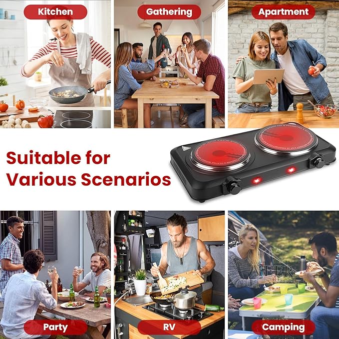 Infrared Double Burner, 2000W Electric Hot Plate, Portable Heating Cooking Stove, Countertop Burner with 7.5” & 6.3” Glass Plate Electric Cooktop with Stepless Temperature Adjustments