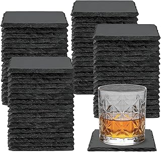 68 PCS Square Slate Drink Coasters Set, SIJDIEE 4 Inch Laser Engraving Black Slate Stone Coasters with Anti-Scratch Bottom and Coaster Holder for Office Bar Kitchen Home Dinner Table Decor Supplies