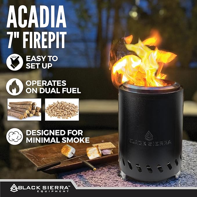 Black Sierra Tabletop Smokeless 7" Black Mini Firepit Burns Wood Pellets, Stainless Steel for Camping, Outdoor & Patio, Wood Burning Portable Bonfire Perfect for Smore's