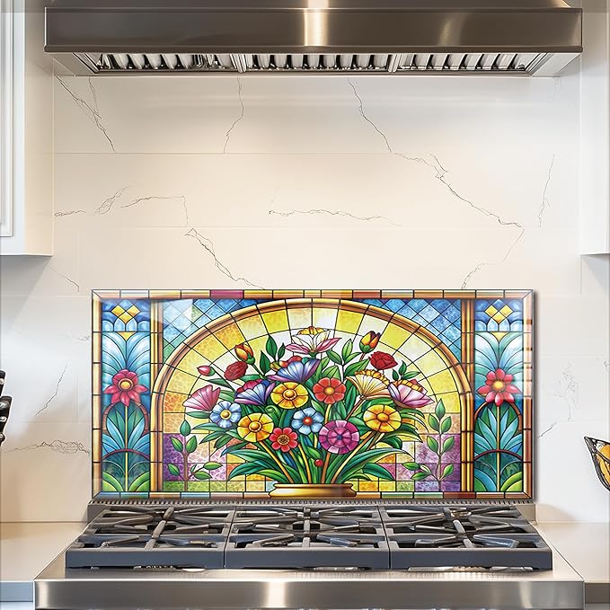 fzxwyishu Tempered Glass Backsplash for Kitchen,Stove Splashback Protector Mosaic Window Design | Heat-Resistant Splash Board, Kitchen Wall Decoration