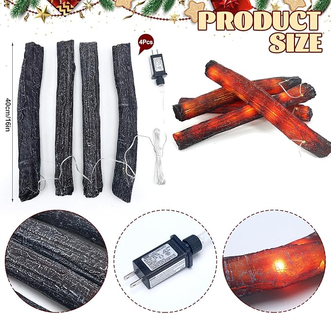 Tuanse 4 Pcs 16 in Flameless Fake Fire Log Spring Summer Beach Camping Themed Party Decorations Fake Campfire Battery Operated Artificial Fire Pit for 4th of July Easter Party Decor