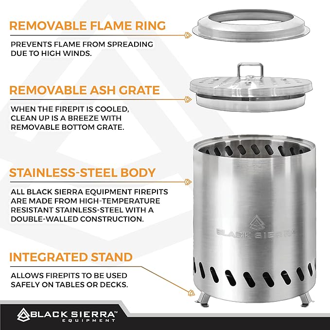 Black Sierra Tabletop Smokeless 7" Firepit, Mini Firepit Burns Wood Pellets, Stainless Steel for Camping, Outdoor & Patio, Wood Burning Portable Bonfire Perfect for Smore's