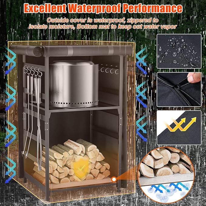 Storage Station 4.5ft for Solo Stove Yukon, Bonfire, Ranger and other Fire Pit Stove, Firewood Storage Cabinet with Waterproof Cover, Adjustable Firewood Rack for logs and Fire Pit Accessories