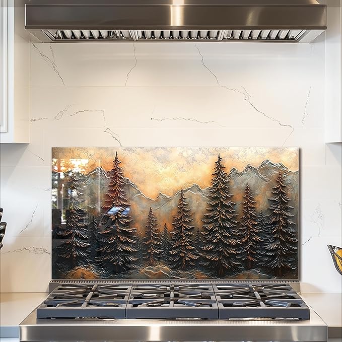 fzxwyishu Tree of Life,Tempered Glass Backsplash For Kitchen Behind Stove,Easy to Clean Kitchen Sink Cover Splash Guard, Home Kitchen Décor (brown, 30"x16"(76.2x40.64cm))