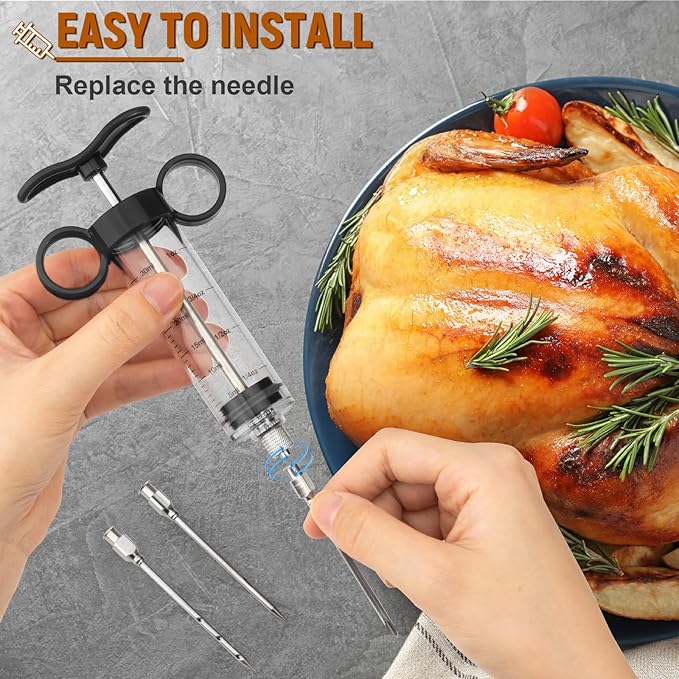 Turkey Injector, Meat Injector Syringe - 3 Marinade for BBQ Grill, 1OZ /30ML Injector Syringe, Handle MeatInjector for Smoking, Flavor Injector for Meat with Oil Brush & Cleaning Brush Black