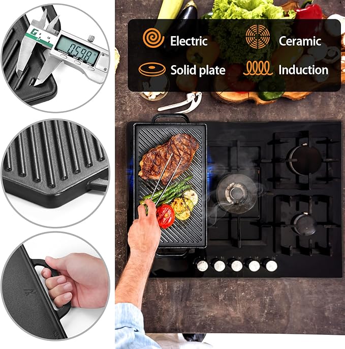 GasSaf 20x9 Heavy Cast Iron Griddle for Gas Grills, Griddle Pan for Stove Top, Reversible Double-Sided 2-in-1 Cast Iron Pan Plate for 2 Burners Stovetop, BBQ Grills & Outdoor Camping